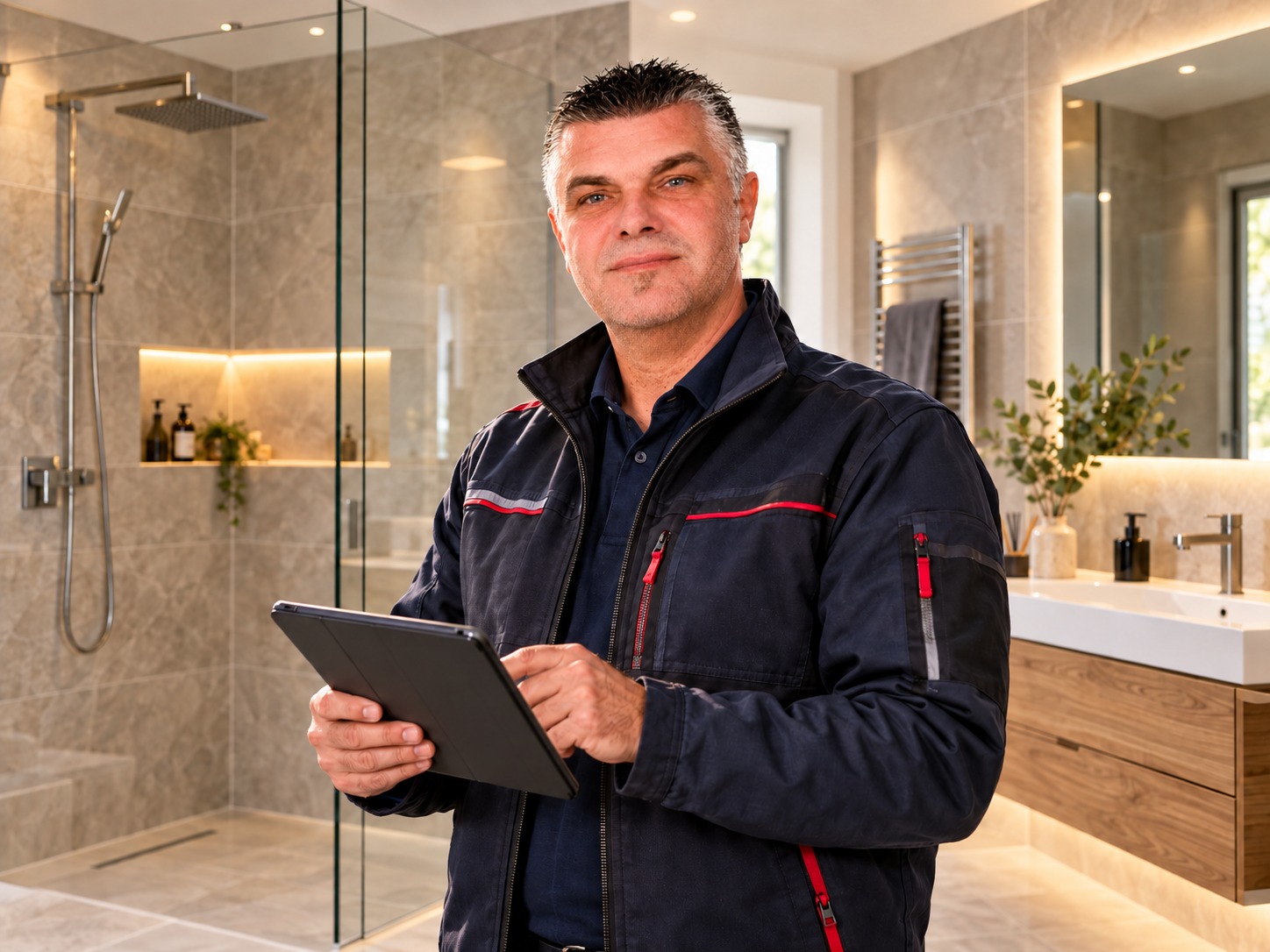 Fachkraft in modernisiertem Badezimmer mit Tablet Fachkraft in modernisiertem Badezimmer mit Tablet