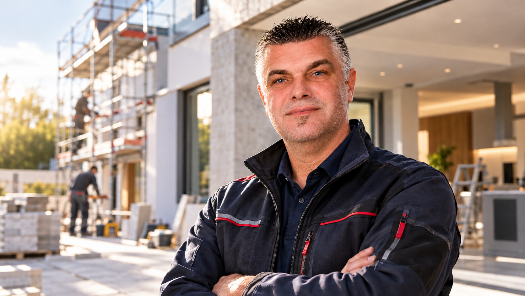 Bauleiter mit Bauplänen auf einer modernen Baustelle Bauleiter mit Bauplänen auf einer modernen Baustelle