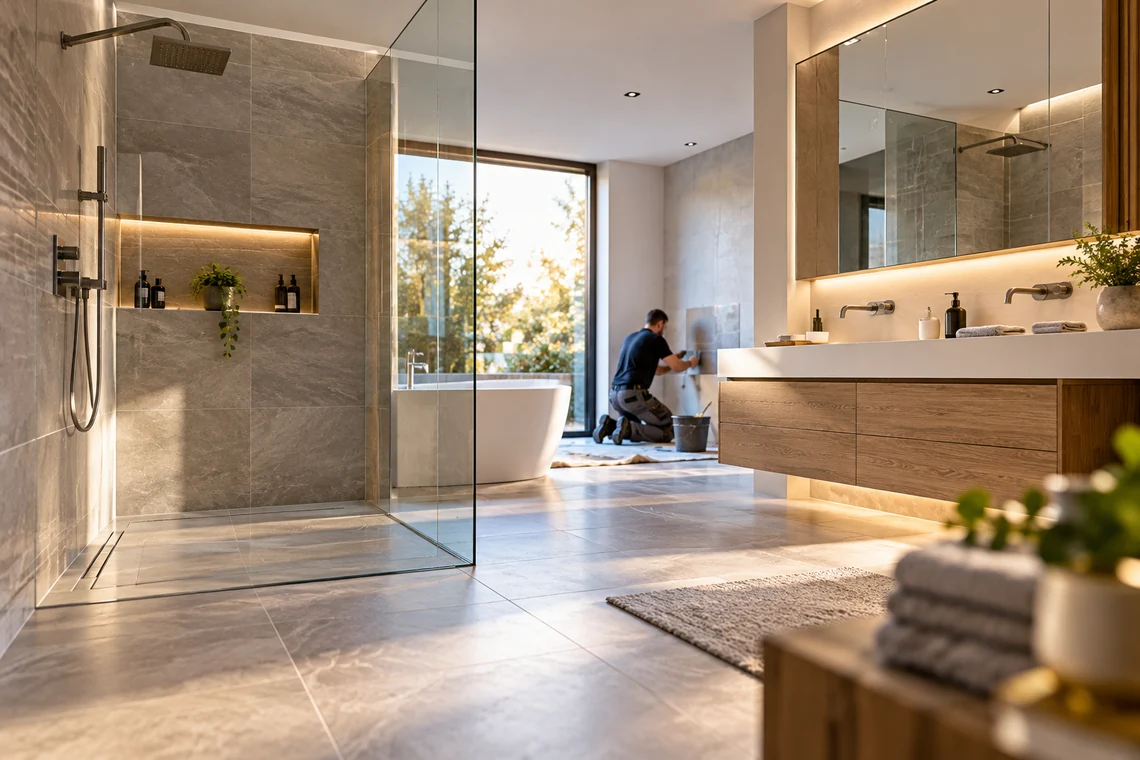 Modernisiertes Badezimmer mit bodengleicher Dusche und großformatigen Fliesen
