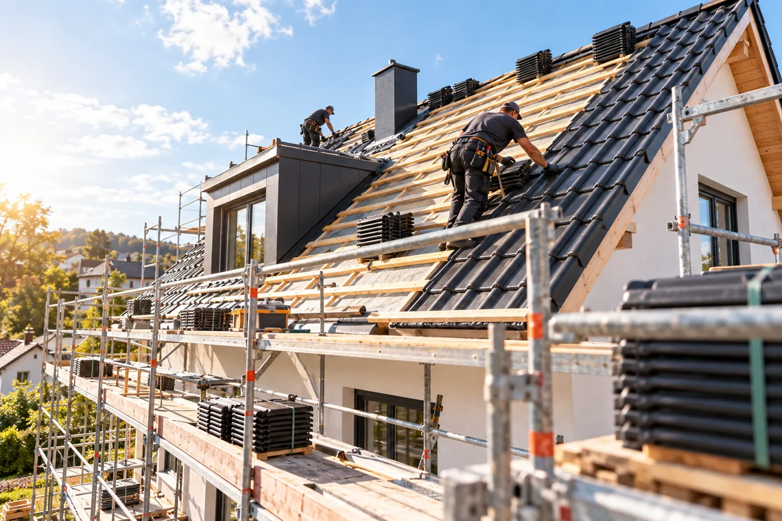 Neueindeckung eines Steildachs mit Dachziegeln auf der Dachlattung Neueindeckung eines Steildachs mit Dachziegeln auf der Dachlattung