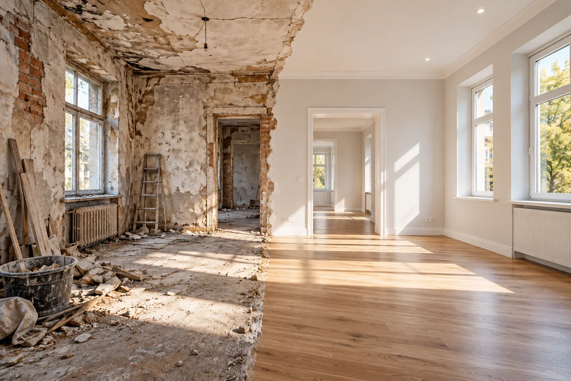 Vergleich eines sanierungsbedürftigen Raums mit einem erneuerten Innenraum Vergleich eines sanierungsbedürftigen Raums mit einem erneuerten Innenraum